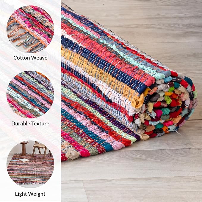 HOMEMONDE 2'x8' Chindi Runner Rug with Tessels | Reversible Hand-Braided Multicolor Cotton Rug | Recycled Stylish Boho Runner for Kitchen, Bedroom, & Living Room Decor