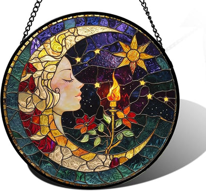 DASTOLL Stained Glass Window Hanging, Moon Goddess Torch Suncatcher Diamond Glass Panel Hangings Dream Sun Catchers Decor for Birthday for Women, Men, Wife, Aunt, and Mom 7.8 in