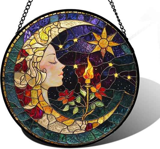 DASTOLL Stained Glass Window Hanging, Moon Goddess Torch Suncatcher Diamond Glass Panel Hangings Dream Sun Catchers Decor for Birthday for Women, Men, Wife, Aunt, and Mom 11.8x11.8 in