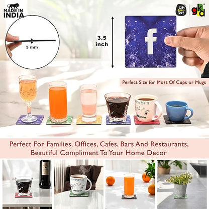 GKD Social Media Wooden Coasters for Drinks, MDF Wooden Coasters Set of 6 with Holder, 3.8 inches Eco-Friendly Absorbent Coaster for Coffee Table, Office, Bar, Drinking Glasses, Tabletop Protection