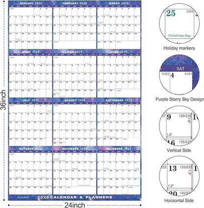 6pcs 24" x 36" 2026 Wall Calendar Dry Erase - Large Starry Sky Calendar Wet & Dry Erasable Laminated 12 Month Annual Yearly Planner, Reversible, Horizontal/Vertical (2026 Wall Calendar)