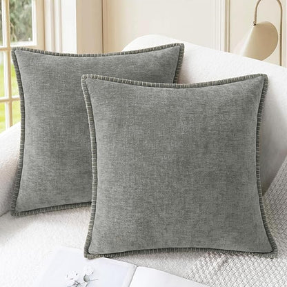 CaliTime Throw Pillow Covers Decorative 20 X 20 Inches Pack of 2 Cotton Thread Stitching Edges Solid Dyed Soft Chenille Cushion Cases for Couch Sofa Bed Living Room Farmhouse Medium Grey