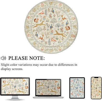 DUKINO 6ft Round Rug for Bedroom, Animal Print Washable Circle Rug with Low Pile Design, Soft Indoor Floor Non Slip Carpet for Entryway, Living Room, Office, Dining Room, Beige