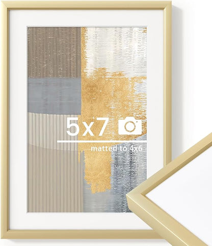5x7 inch Metal Picture Frame - 5 x 7 Thin Aluminum Photo Frames with 4x6 Removable Mat - High Definition Plexiglass - Ideal for Wall or Tabletop Display - Gold, Set of 1
