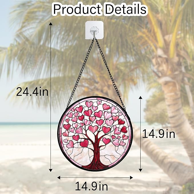 DASTOLL Stained Glass Window Hanging, Pink Love Heart Tree Suncatcher Hangings Beige Sun Catchers Decor for Birthday Holiday for Women, Men, Wife, Aunt, Mom 11.8IN