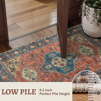 Tangsoo 6x9 Area Rug Washable Rugs for Living Room, Oriental Indoor Non Slip Large Area Rugs, Vintage Print Carpet, Soft Low Pile Foldable Floor Rug for Bedroom Dining Room Dorm Terracotta