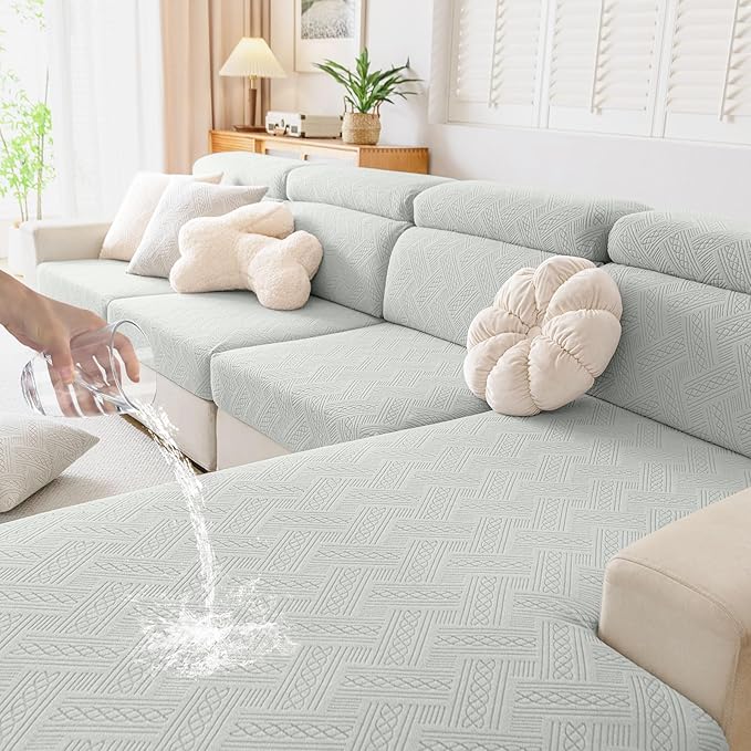 hyha Waterproof Couch Cushion Covers, Waterproof Sectional Couch Covers for 2 Cushion Sofa for Pets, Stretch Sofa Slipcover Washable with Elastic Bottom(2 Packs, Light Grey)