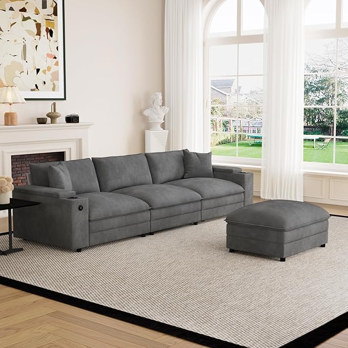 115" L Shaped Cloud Sofa Couch with Ottoman, Storage Armrest, Cup Holders, USB & Type-C Ports, Spring Cushions, Solid Wood Frame, Chenille Modular Sectional for Living Room (Dark Gray-L-115.2")