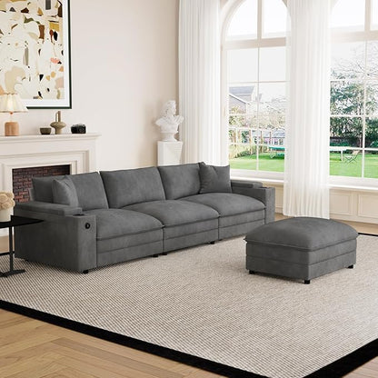 115" L Shaped Cloud Sofa Couch with Ottoman, Storage Armrest, Cup Holders, USB & Type-C Ports, Spring Cushions, Solid Wood Frame, Chenille Modular Sectional for Living Room (Dark Gray-L-115.2")