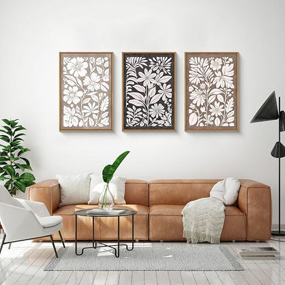 HLNIUC Black Brown Botanical Flower Wall Art Framed, Neutral Minimalist Wildflower Wall Decor set of 3 (16"x24"), Rustic Farmhouse Grey Canvas Painting, Nature Prints for Living Room, Bedroom, Office