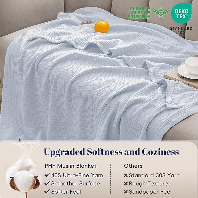 PHF 100% Cotton Muslin Blanket Twin XL Size 66"x90", 4-Layer Lightweight Gauze Throw, Breathable Cloud-Soft Minimalist Blanket for Bed, Couch, Camping & Baby, Ancient Water, Ideal Gift