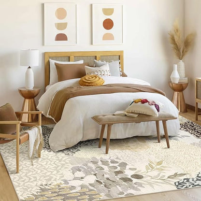 DEXDE 8x10 Area Rug, Soft Washable Abstract Area Rugs Non-Slip Vintage Boho Rug Leaves Floral Print Carpet for Living Room Bedroom Office Dining Room Playroom, Gray
