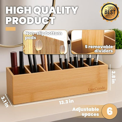 Bamboo Pencil Holder 13.3 X 3.1 X 3.8 In with 6 Adjustable Compartments. Desk Pencil Holder - Pen Holders for Desk, Desktop Pen Organizer - Pens Organizer, Organizador de Lapices