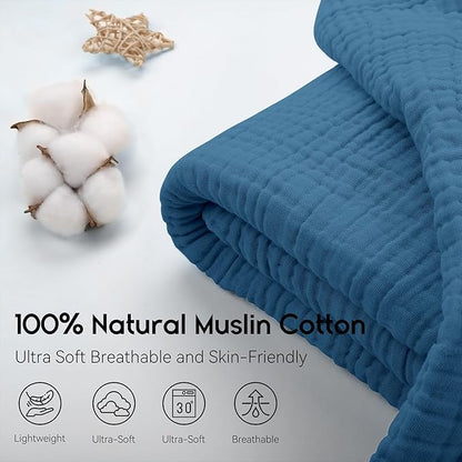 Yoofoss Muslin Blanket 100% Organic Cotton Large Twin Size 60" x 80" for Bed Couch Summer Gauze Blanket for Adults Lightweight and Breathable Dark Blue