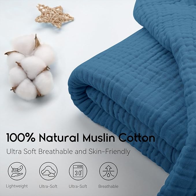 Yoofoss Muslin Blanket 100% Organic Cotton Throw Large 50" x 60" for Bed Couch Summer Gauze Blanket for Adults Lightweight and Breathable Dark Blue