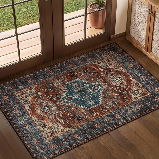 Tangsoo Oriental 2x3 Washable Rugs for Entryway Vintage Non Slip Small Area Rug, Indoor Front Door Rug, Print Door Mat Indoor Entrance Soft Low Pile Throw Rug for Entry Kitchen Bedroom Bathroom