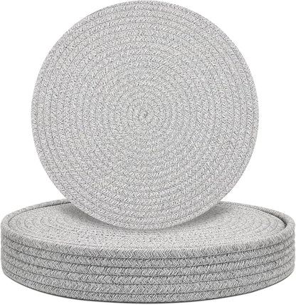 Round Placemats Set of 6 with Holder, Cotton Rope Woven Place Mats, Hot Pads for Kitchen, Heat Resistant Table Mats, 13 Inch Farmhouse Washable Braided Placemat for Kitchen Decor (Gray)