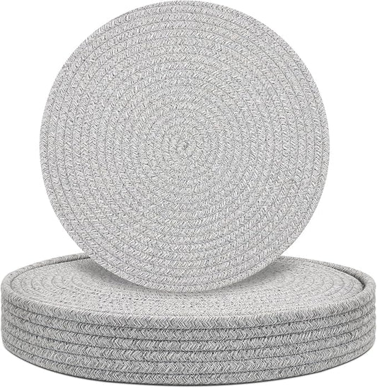 Round Placemats Set of 6 with Holder, Cotton Rope Woven Place Mats, Hot Pads for Kitchen, Heat Resistant Table Mats, 13 Inch Farmhouse Washable Braided Placemat for Kitchen Decor (Gray)