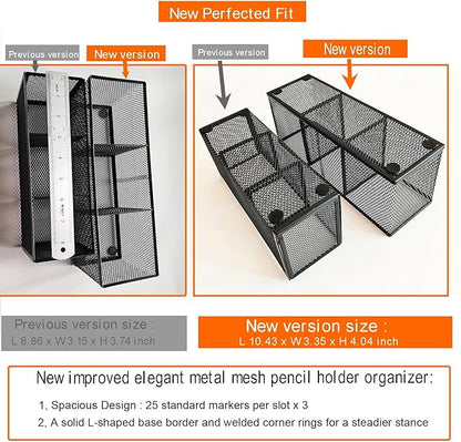 Metal Mesh Pencil Holder, Spacious 3-Compartment Desk Organizer for Pens, Makeup Brushes, Utensils, Multipurpose Office, School ,Kitchen, Home Desktop Storage, 10.43 x 3.35 x 4.04 Inches, Black