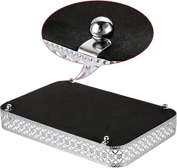 ELLDOO Perfume Mirror Tray Vanity Makeup Hollow-Carved Jewelry Organizer Glass Metal Trinket Storage Tray Home Decor Organizer for Dresser Bathroom Countertop,Silver,Medium Size