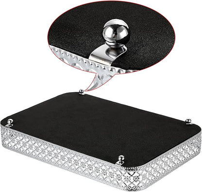 ELLDOO Perfume Mirror Tray Vanity Makeup Hollow-Carved Jewelry Organizer Glass Metal Trinket Storage Tray Home Decor Organizer for Dresser Bathroom Countertop,Silver,Medium Size