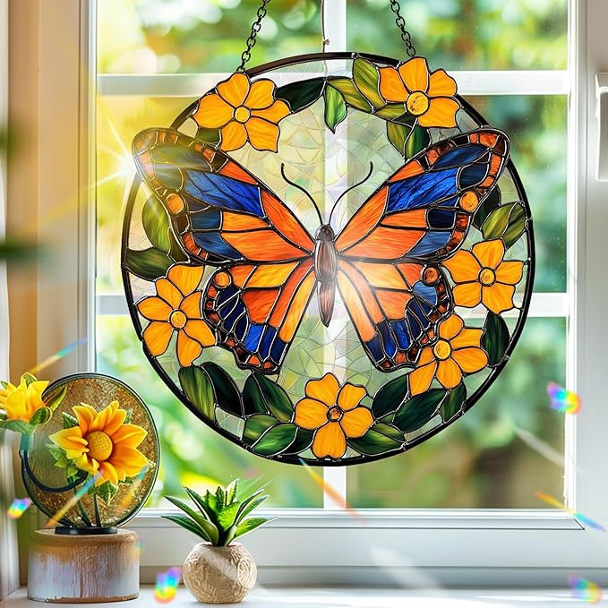 Bimkole Butterfly Sun Catchers Indoor Window - Flowers Acrylic Suncatcher Hanging Decoration for Living Room Bedroom Summer Home Balcony Outdoor Garden Ornaments Decoration 7.8x7.8 Inch