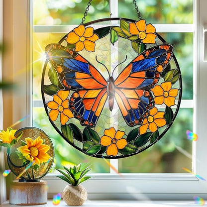 Bimkole Butterfly Sun Catchers Indoor Window - Flowers Acrylic Suncatcher Hanging Decoration for Living Room Bedroom Summer Home Balcony Outdoor Garden Ornaments Decoration 7.8x7.8 Inch