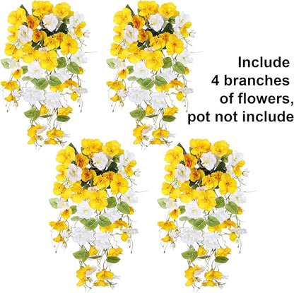 Fake Hibiscus Artificial Hanging Flowers Plants for Outdoors Spring Decoration, 4pcs Silk Hibiscus Vines Realistic UV Resistant Faux Flowers for Outside Planter Porch Patio Yard Wedding Party, Mix