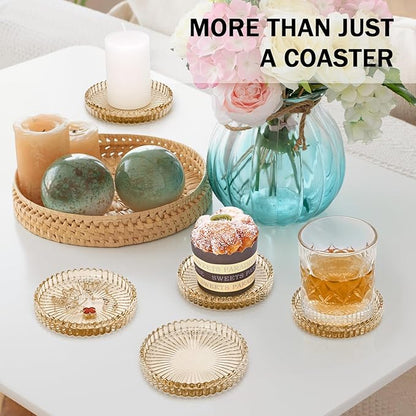 Vintage Glass Coasters, GOH DODD Set of 6 Crystal Coasters Tabletop Protection for Drinks, Home Decor, Kitchen, Living Room, Patio, Wedding, Party, Housewarming Gifts, Amber