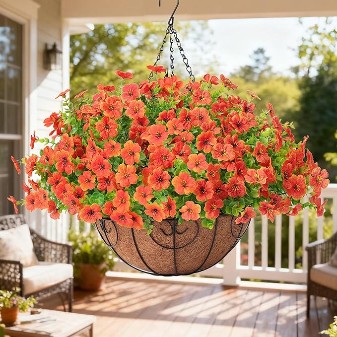 Artificial Fake Hanging Plants Flowers Basket Outdoors Summer Autumn Decor, Hanging Planter with Faux Silk Daisy Flowers Realistic UV Resistant for Outside Home Porch Front Patio Balcony Garden Orange