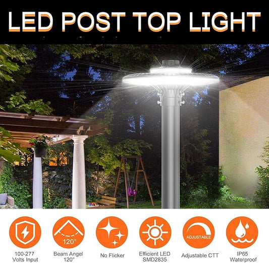 200W 150W 120W LED Post Top Light with Photocell, 28000 lumens 3000K 4000K 5000K Circular Area Pole Lights, IP65 Waterproof Outdoor Post Light for Garden Pathway Yard Lighting UL Listed, AC100-277V