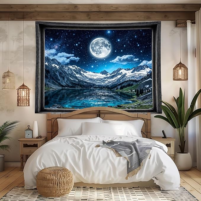 Lifeel Fantasy Mountain Lake Tapestry, Snowy Peaks Moon Landscape Window Tapestries, Living Room Bedroom Decoration, 36x48 inches