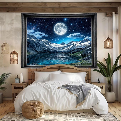 Lifeel Fantasy Mountain Lake Tapestry, Snowy Peaks Moon Landscape Window Tapestries, Living Room Bedroom Decoration, 36x48 inches