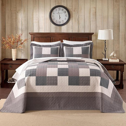 EWlinens 100% Cotton 120"x102" Oversized Queen Bedspread - Farmhouse Extra Large Quilts Queen Size, All Season Patchwork Plaid Rustic Striped Quilt Bedding Set, 3pcs, Chocolate Malt/Brown/Black/Beige