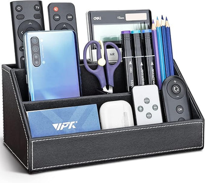 KINGFOM Pu Leather Desk Organizer with 5 Compartments Holder, Multi-Functional Office Supplies Storage Caddy for Pen/Pencil, Phones, Remote Controller and Desktop Accessorie Black