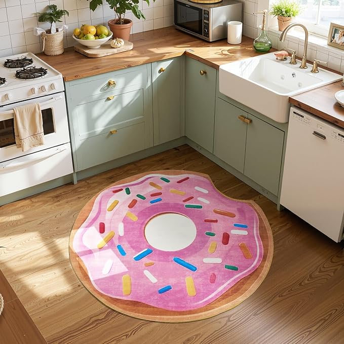 JINCHAN Cute Round Rug 3ft Strawberry Donut Fun Rug Washable Playroom Mat Sweet Dessert Circle Cool Rug Non Slip 3' Round Soft Cozy Pink Doormat Small Funky Gift for Girls Kids Toddler Nursery Bedroom