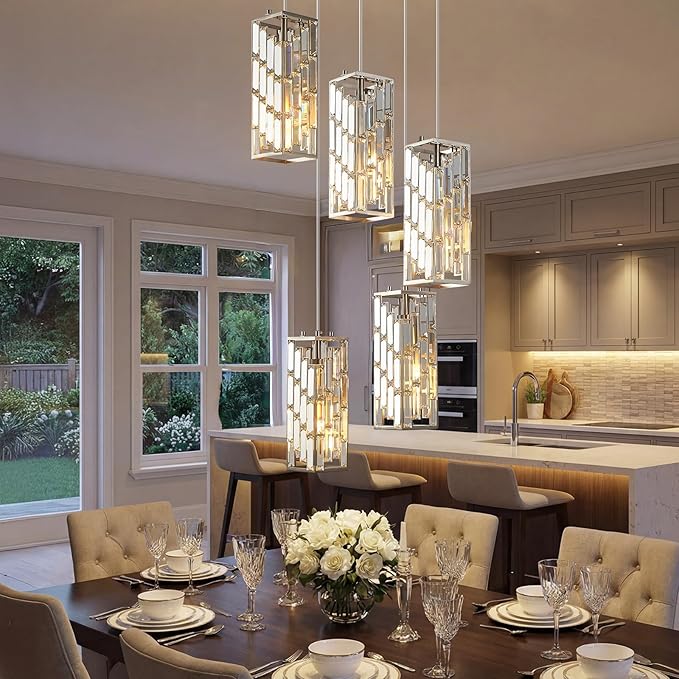 Brass Nickel Pendant Lighting Modern Pendant Light, Mini Crystal Chandeliers,Adjustable Pendant Light Fixture for Kitchen Island Dinning Room Bedroom (5 Light)