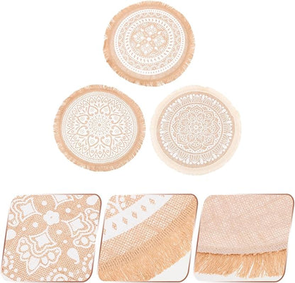 Tassel Mandala Round Placemats Set 3Pcs, Jute Fabric Woven Dining Table Placemats, Heat Resistant Macrame Place Mats for Farmhouse Kitchen and Indoor Table Decor