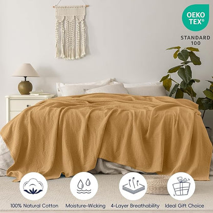 PHF 100% Cotton Muslin Blanket King Size 108"x90", 4-Layer Lightweight Gauze Throw, Breathable Cloud-Soft Minimalist Blanket for Bed, Couch, Camping & Baby, Amber, Ideal Gift