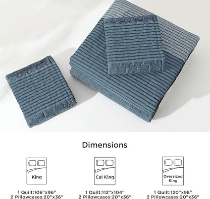 Litanika Oversized King Quilt Set Blue Linen, 120x98 Stripe Bedspread Coverlet 3 Pieces, Blue Linen Lightweight Quilted Bedding Set for All Season(Oversized King-1 Quilt, 2 Pillowcases)