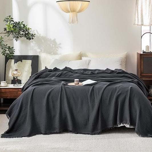 FOSSA Muslin Blanket with Fringe - 4-Layer 100% Cotton Gauze Super Soft & Breathable Throw -Lightweight Decorative Cooling Blanket for Bed, Sofa, Office (Dark Gray, Queen (90" × 90"))