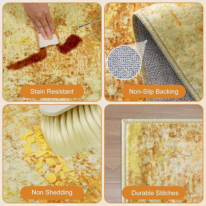 Washable Area Rugs for Living Room 9x12 - Large Neutral Modern Abstract Rug, Soft Low Pile Carpet with Non Slip Backing for Under Dining Room Table, Bedroom, Home, Office, Dorm - Yellow Brick