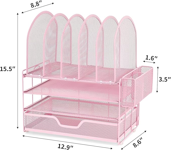 Desk Organizers and Accessories with Drawer, File Organizer with 5 Vertical File Holders and Pen Holders, Office Desk Accessories Workspace Desktop Organizers for Office Supplies (Pink)