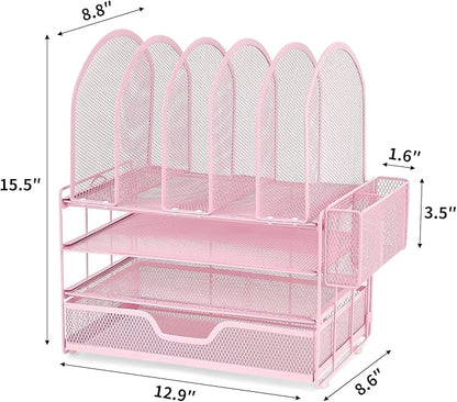 Desk Organizers and Accessories with Drawer, File Organizer with 5 Vertical File Holders and Pen Holders, Office Desk Accessories Workspace Desktop Organizers for Office Supplies (Pink)
