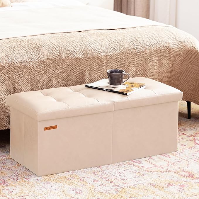 HAUSFRAU 31.5 Inches Ottoman with Storage Bench, Folding Ottoman Bench Small Foot Rest Stool, Bedroom Bench with Flipping Lid, Faux Leather Ivory