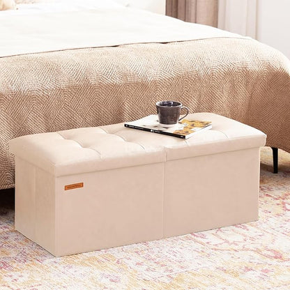 HAUSFRAU 31.5 Inches Ottoman with Storage Bench, Folding Ottoman Bench Small Foot Rest Stool, Bedroom Bench with Flipping Lid, Faux Leather Ivory