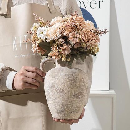 Ceramic Decorative Flower Vase with Handle,8.85 Inch Terracotta Rustic Farmhouse Vase for Home Decor,Living Room, Shelf Decor,Wedding,Housewarming Gift