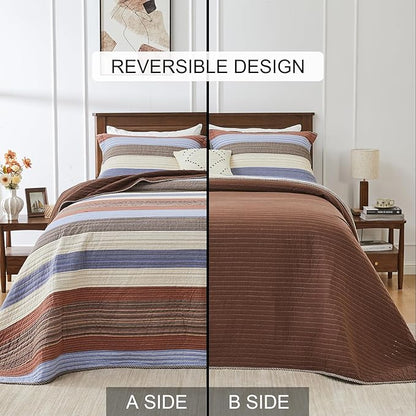 SahSahCasa 100% Cotton 128"x120" Oversized California King Bedspread Coverlet Quilt Set, Cal King Quilted Striped Bedspread Extra Large Reversible XL Bed Spread Lightweight Comforter, Brown