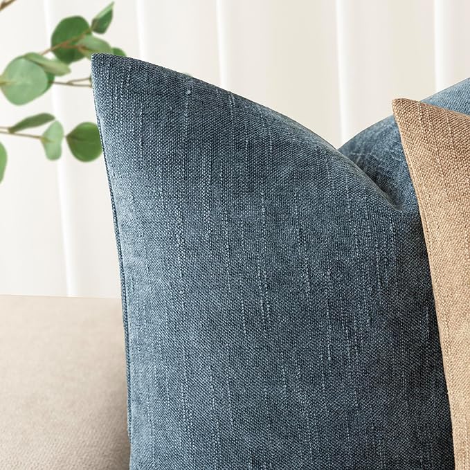 Foindtower Pack of 2 Soft Textured Chenille Throw Decorative Pillow Covers Square Accent Solid Cushion Cover Cozy Neutral Farmhouse Pillow Case for Couch Sofa Bedroom Living Room 24x24 Inch,Blue
