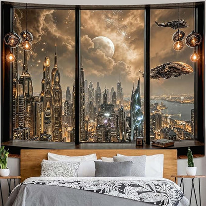 Lifeel Cyberpunk City Tapestry, Future Skyline Aesthetic Window Tapestries for Home Decor Game Room Bedroom Living Room, 36x48 inches